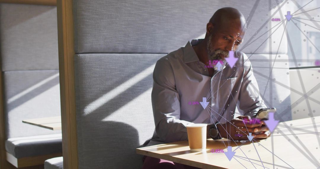 Businessman Engaging on Smartphone in Stylish Cafe with Tech Overlay