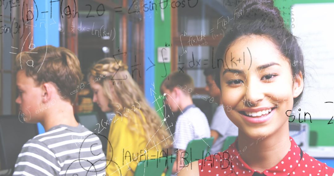 Smiling Student Interacting with Math Equations in Classroom