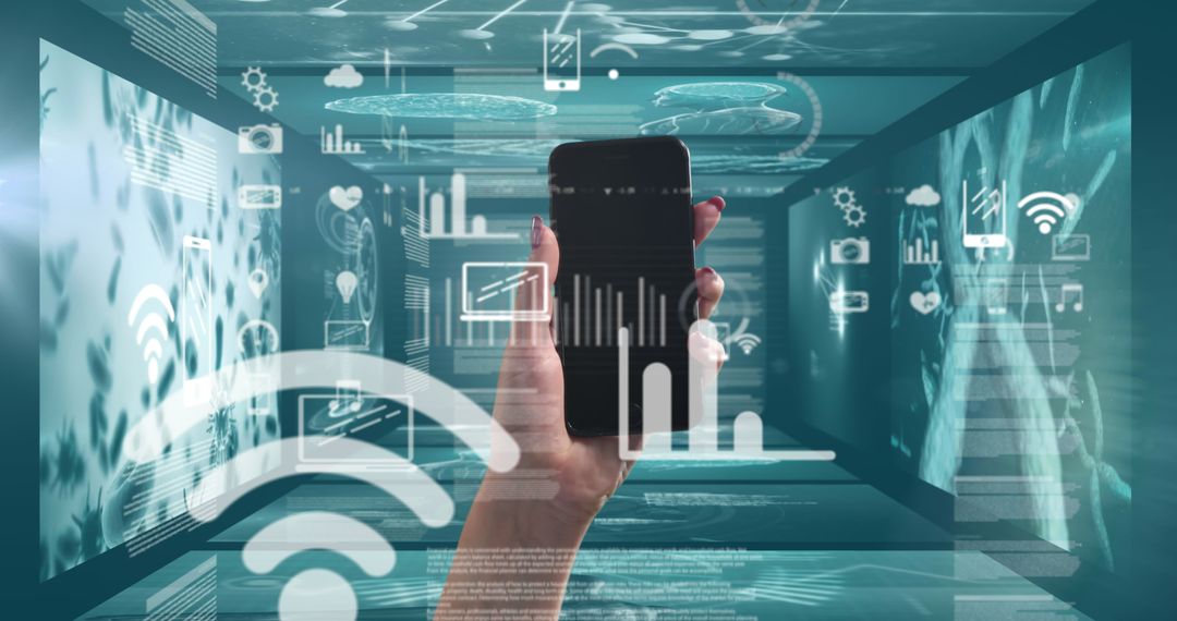 Hand Holding Smartphone with Digital Data Interface