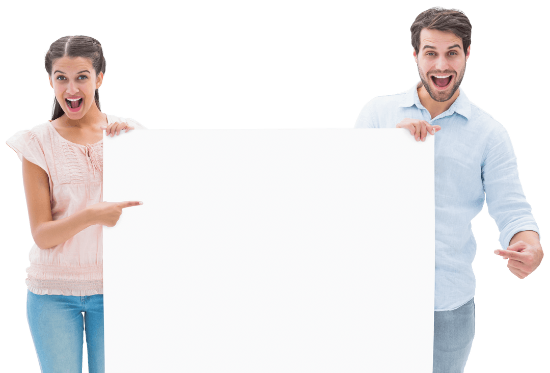 Smiling Young Couple Holding Transparent Blank Sign