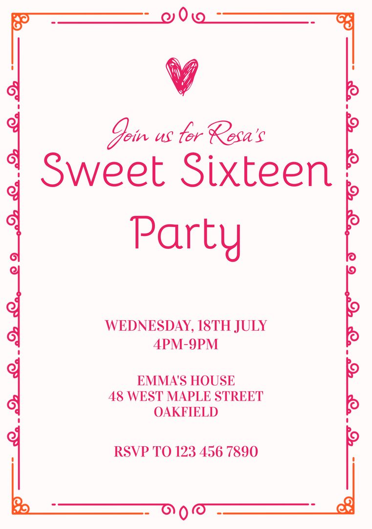 Elegant Pink Sweet Sixteen Party Invitation with Heart and Decorative Border - Download Free Stock Templates Pikwizard.com
