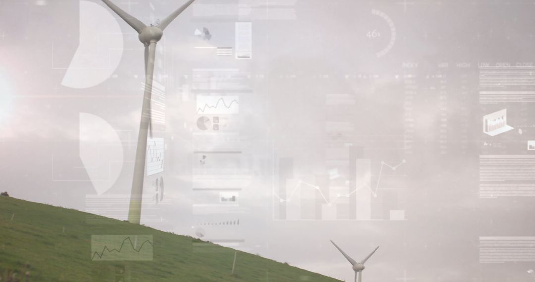 Wind Turbine on Hillside with Digital Data Overlays