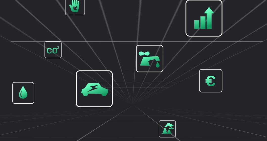 Abstract Grid with Eco and Data Processing Icons on Black Background