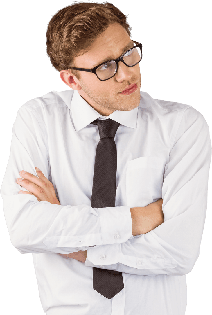 Transparent Businessman Wondering with Arms Crossed