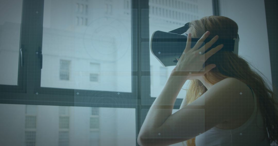 Woman Engaging with Augmented Reality through VR Headset Technology