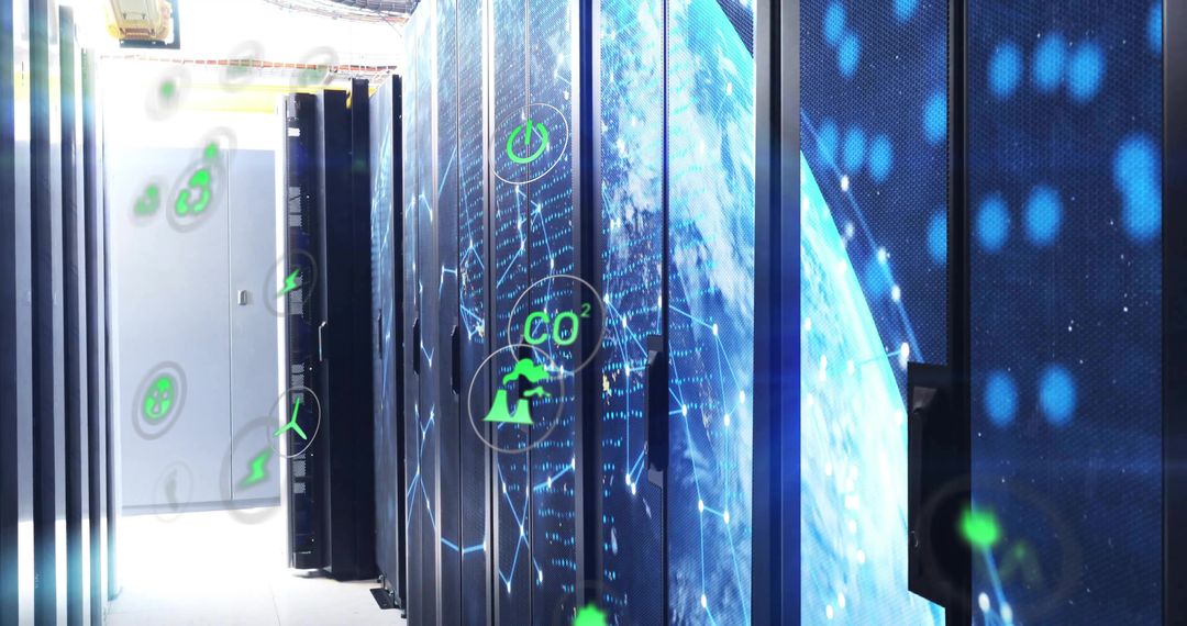 Innovative Data Center with Sustainability Icons and Network Hardware