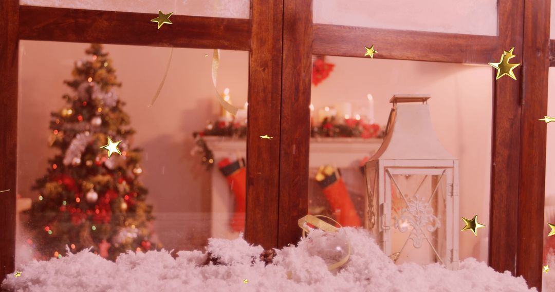 Festive Christmas Scene Viewed Through Snow-Covered Window