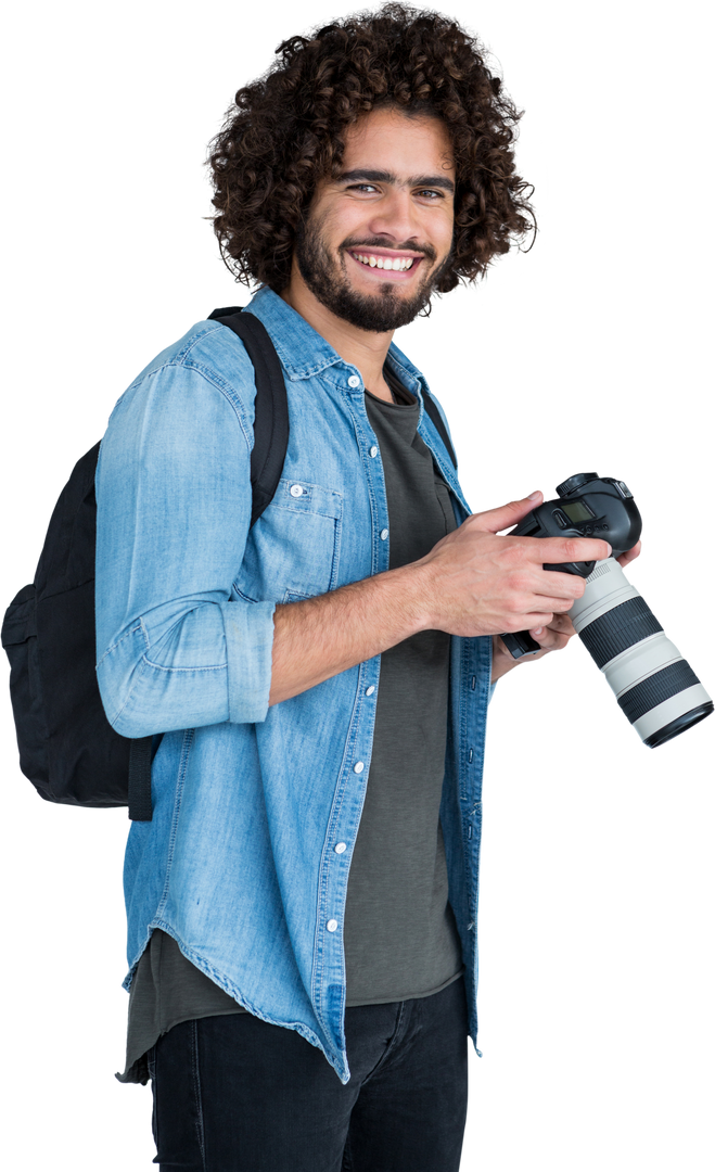 Transparent background showing smiling male photographer holding camera - Download Free Stock Images Pikwizard.com