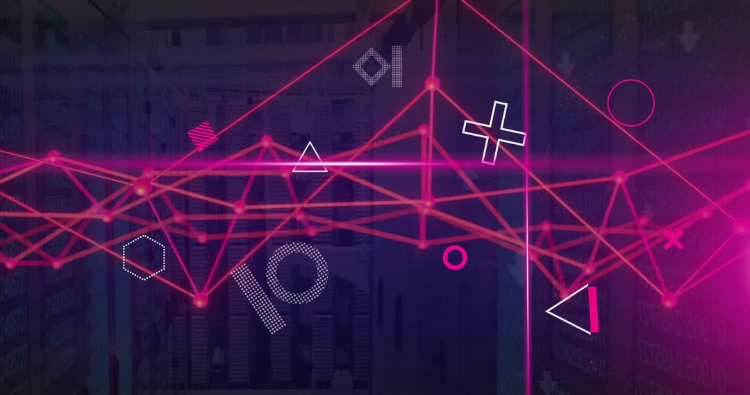 Glowing Red Network with Rotating Geometric Shapes on Dark Background