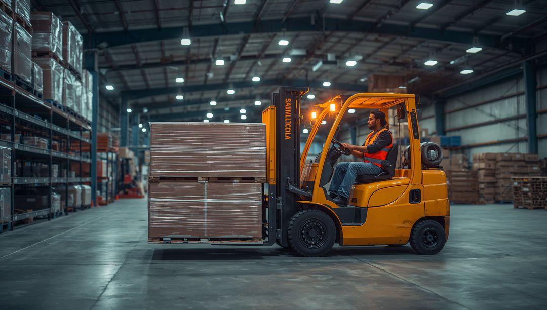 Operating forklift transporting shrink-wrapped pallet through warehouse aisle night shift