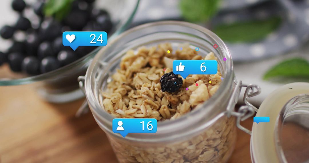 Organic Granola in Jar with Digital Likes Icons on Rustic Counter
