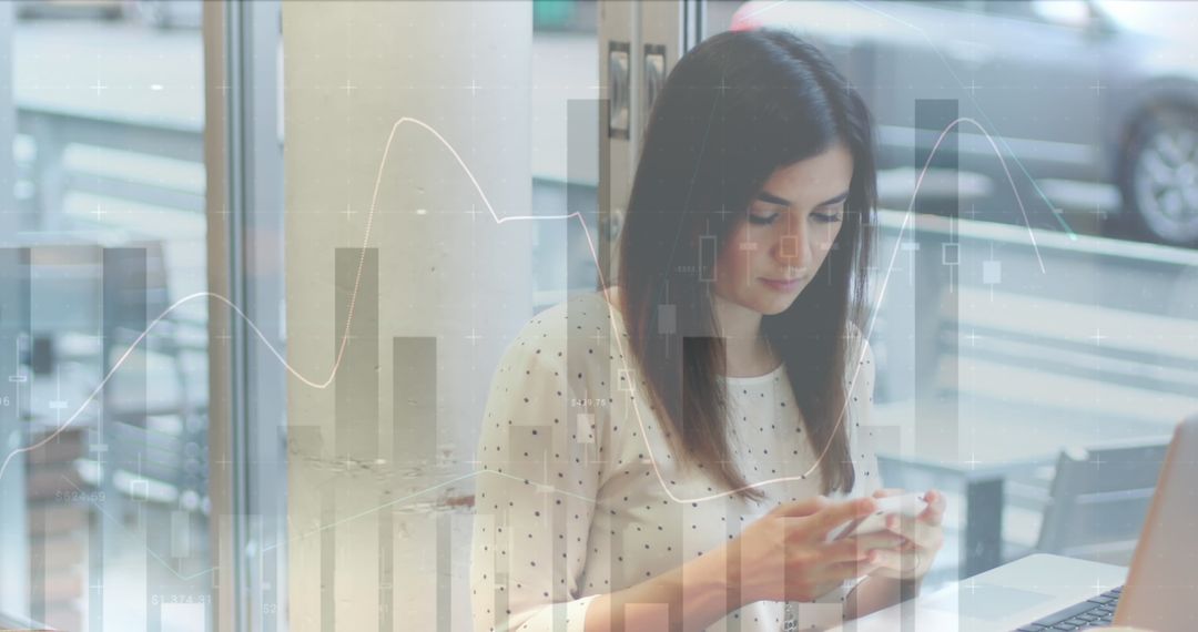 Businesswoman Analyzing Data with Smartphone in Modern Workspace