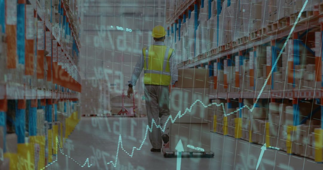 Warehouse Worker with Data Overlay Representing Industrial Efficiency and Logistics