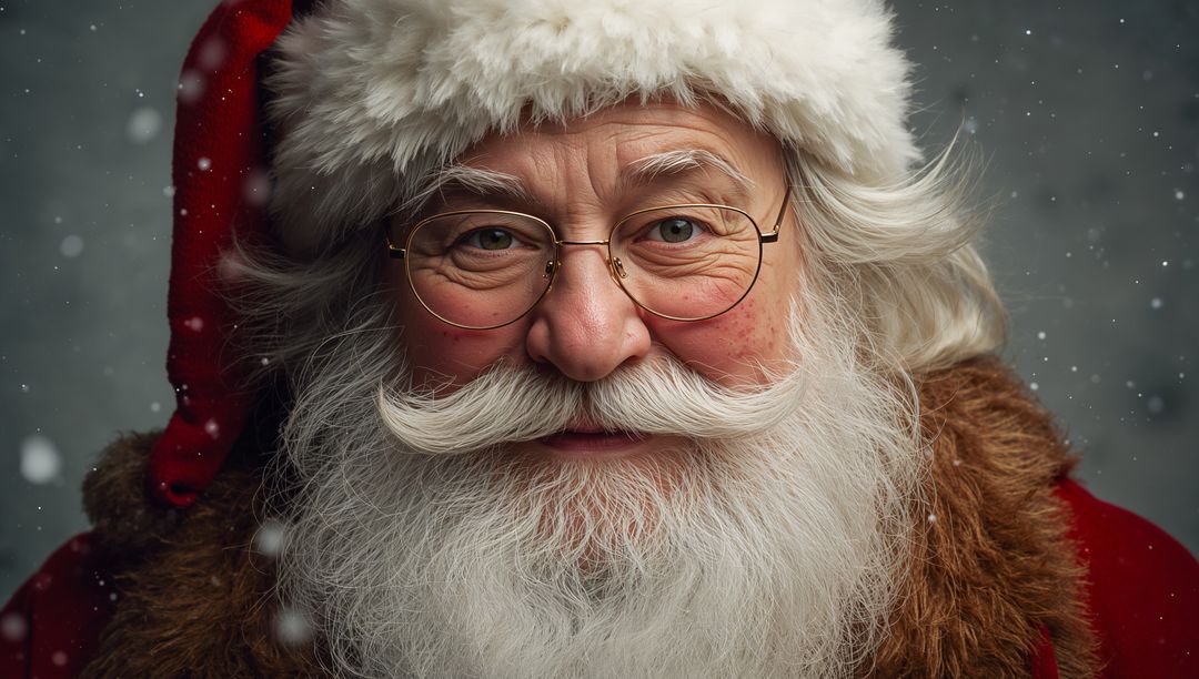 Jolly Santa Claus with Snowfall and Red Hat Smiling Cheerfully