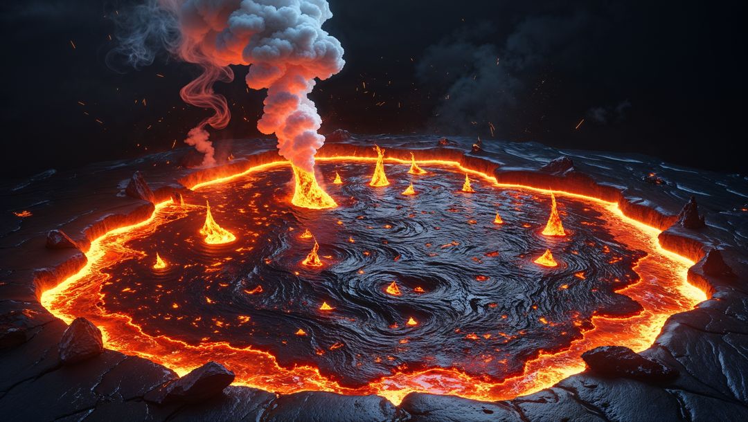Volcanic lava hell lake with fiery eruption and gas plumes at night