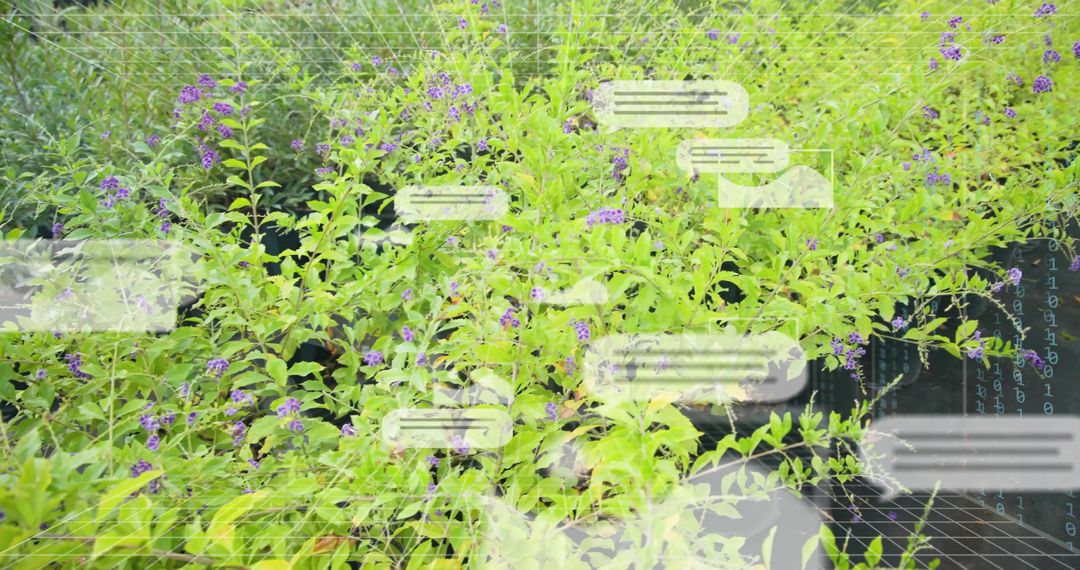 Nursery Plants Blending Violet Blooms with Chat Overlays for Green Tech Concept