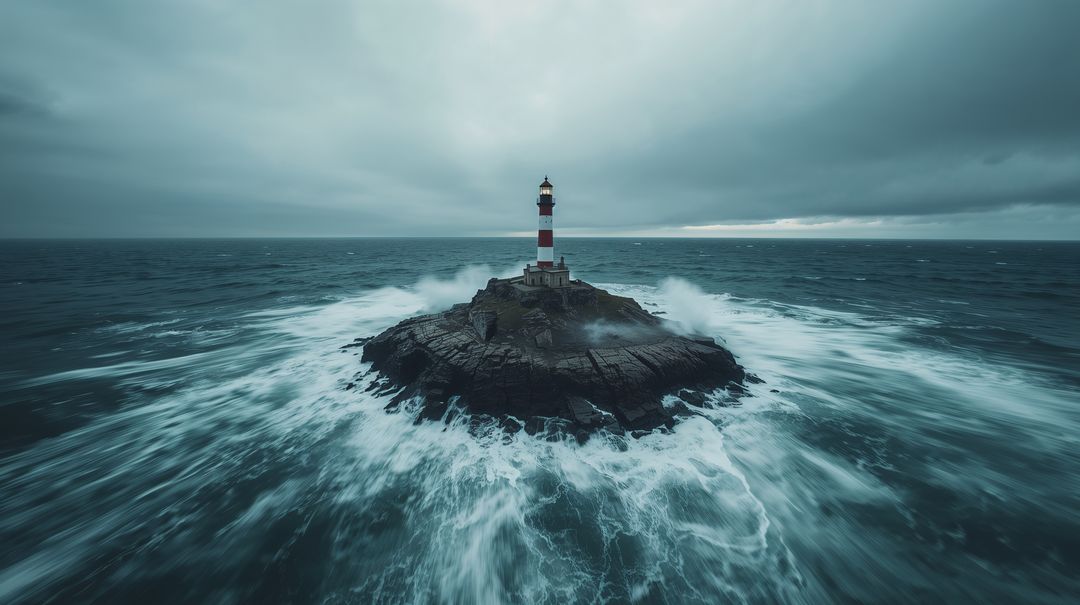 Storm-lashed Lighthouse Standing on Rocky Islet with Crashing Waves and Moody Sky