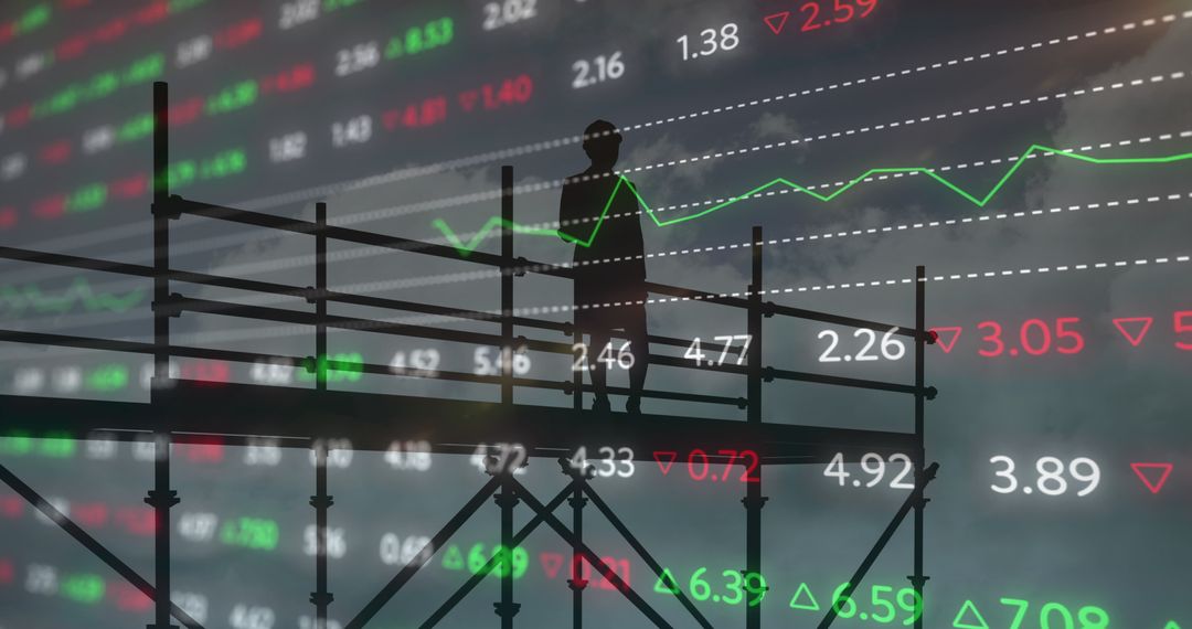 Architect on Scaffolding with Global Financial Data Overlay