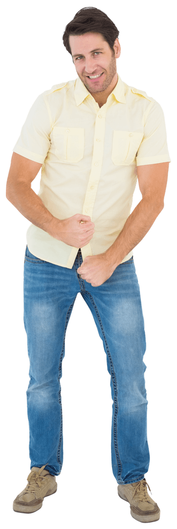 Smiling Handsome Man Flexing Muscles on Transparent Background