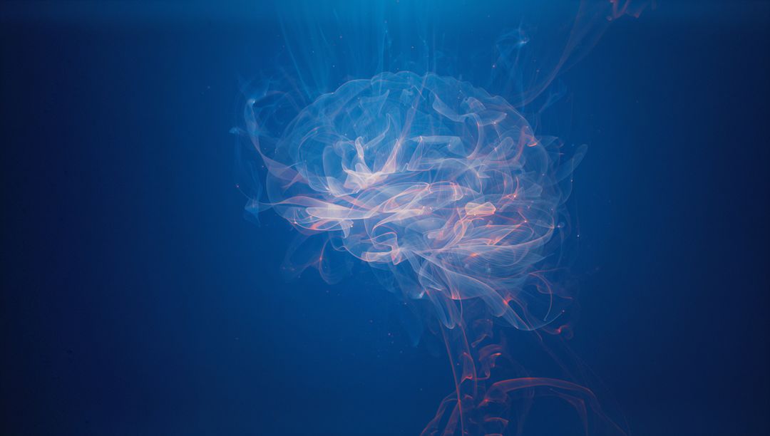 Glowing Translucent Brain Illustration in Deep Blue Setting