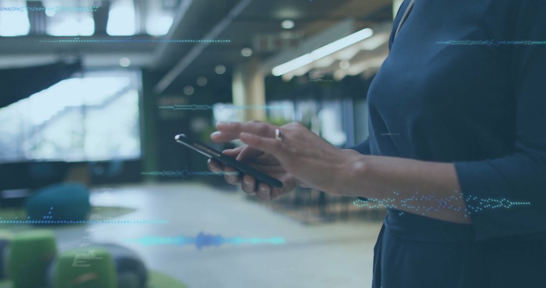 Businesswoman Using Smartphone with Digital Data Interface Overlay