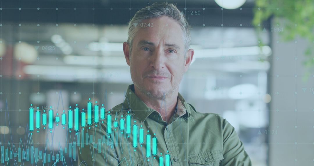 Confident Businessman with Digital Data Interface Overlay in Office