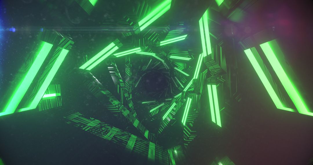 Glowing Green Triangular Tunnel with Dynamic Light Trails