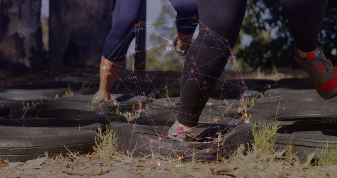 Athletes Stepping Through Tire Zone with Augmented Reality Overlay