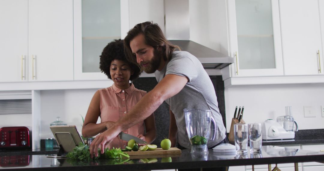Diverse Couple Making Healthy Smoothie Together at Home