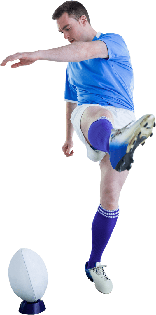 Rugby Player Kicking Ball in Dynamic Frozen Action on Transparent Background