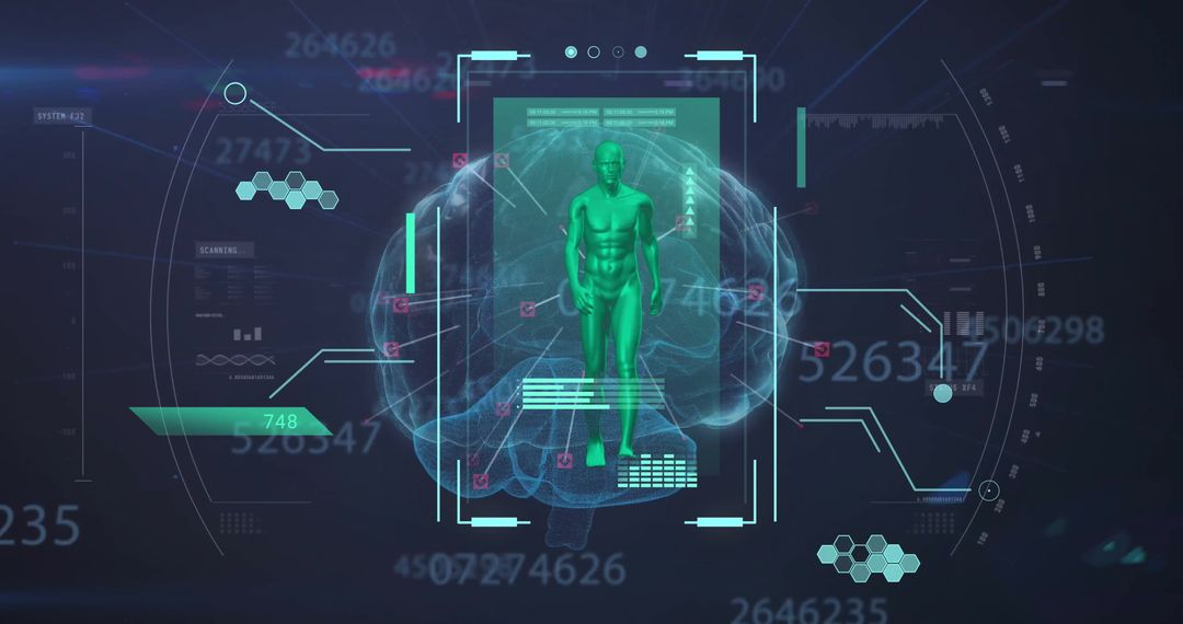 Digital Human Interface with Brain and Data Processing Visuals