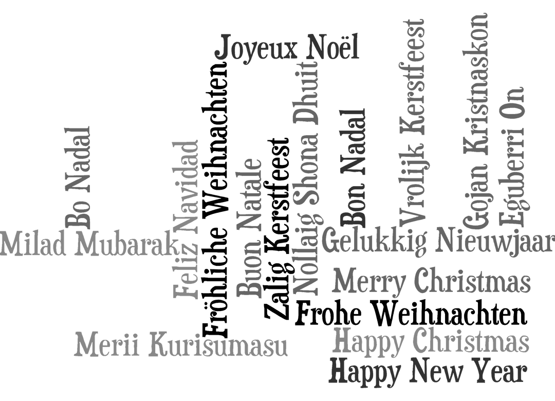 Merry Christmas Text in Various Languages on Transparent Background Vector