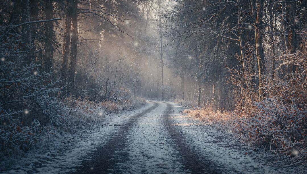 Snow-Covered Woodland Path with Gentle Sunlight