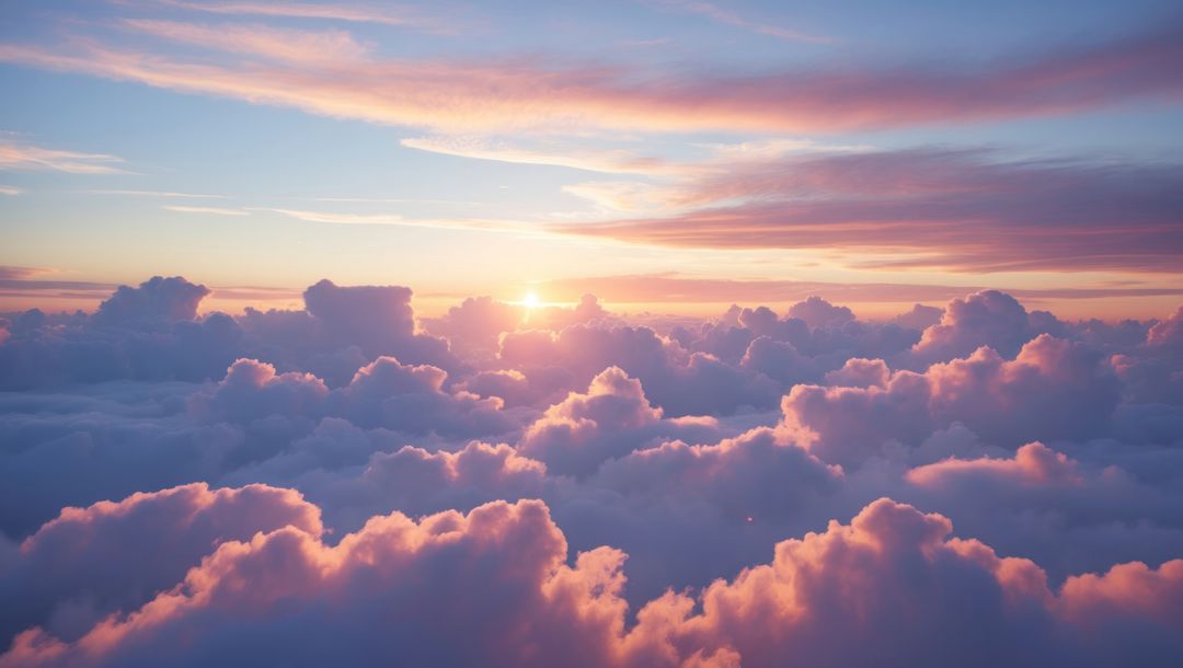Ethereal Pink Clouds With Sunrise in Blue Sky at High Altitude, AI