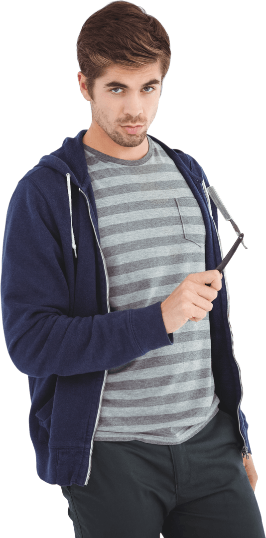 Confident Man Holding Transparent Straight Edge Razor