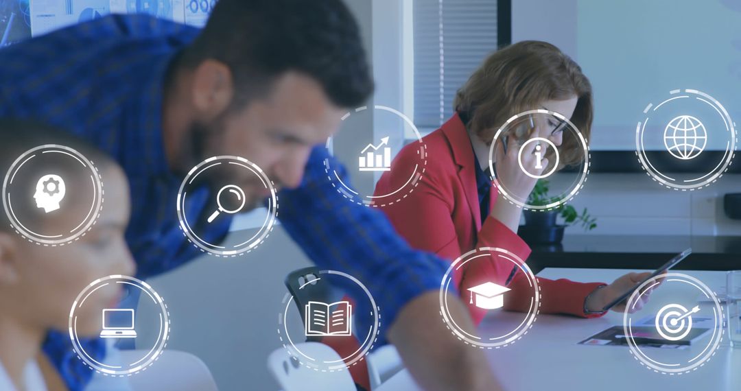 Business Professional Using Smartphone with Digital Interface Icons