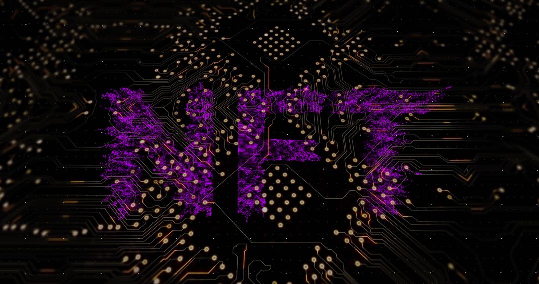 Purple NFT Lettering on Digital Circuit Background
