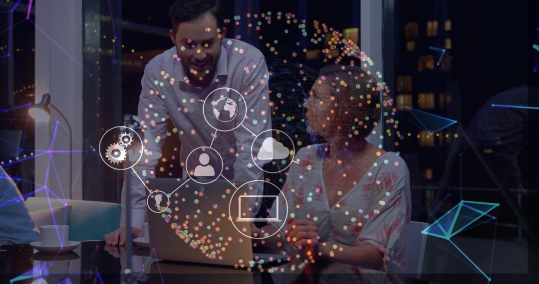 Collaborative team brainstorming with holographic network overlay in modern office at night