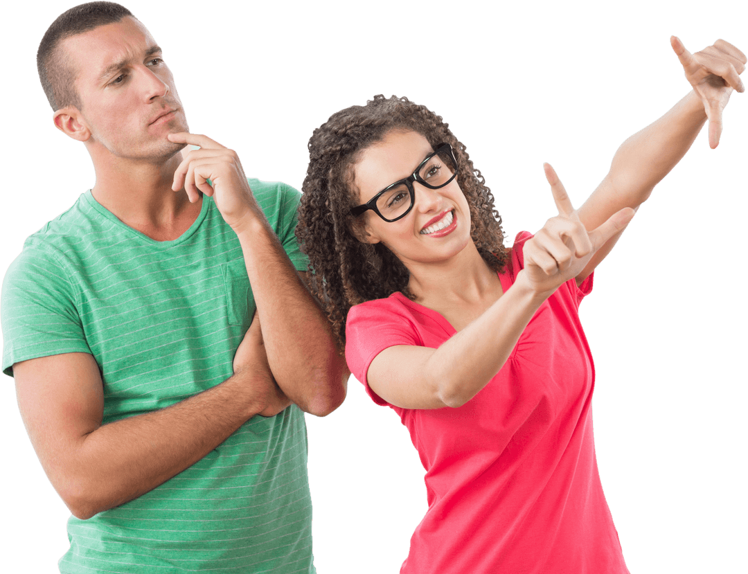 Cheerful Woman in Glasses Forming Hand Frame, Pensive Partner