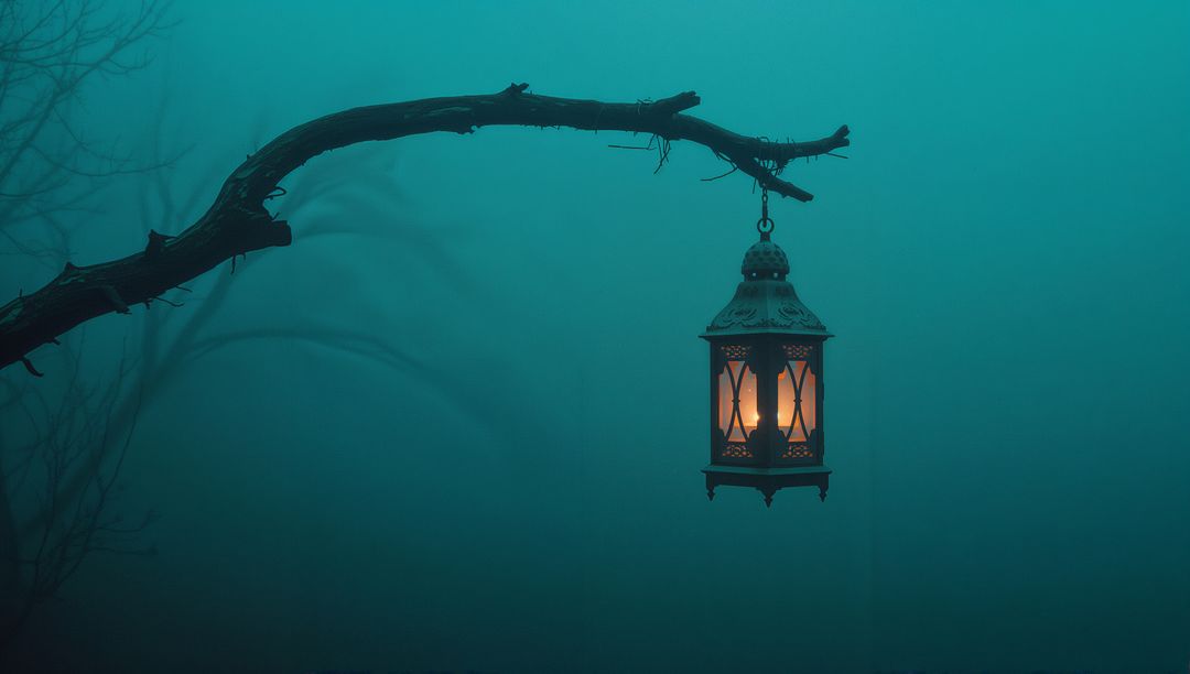 Mysterious Lantern Hanging in Foggy Enchanted Forest