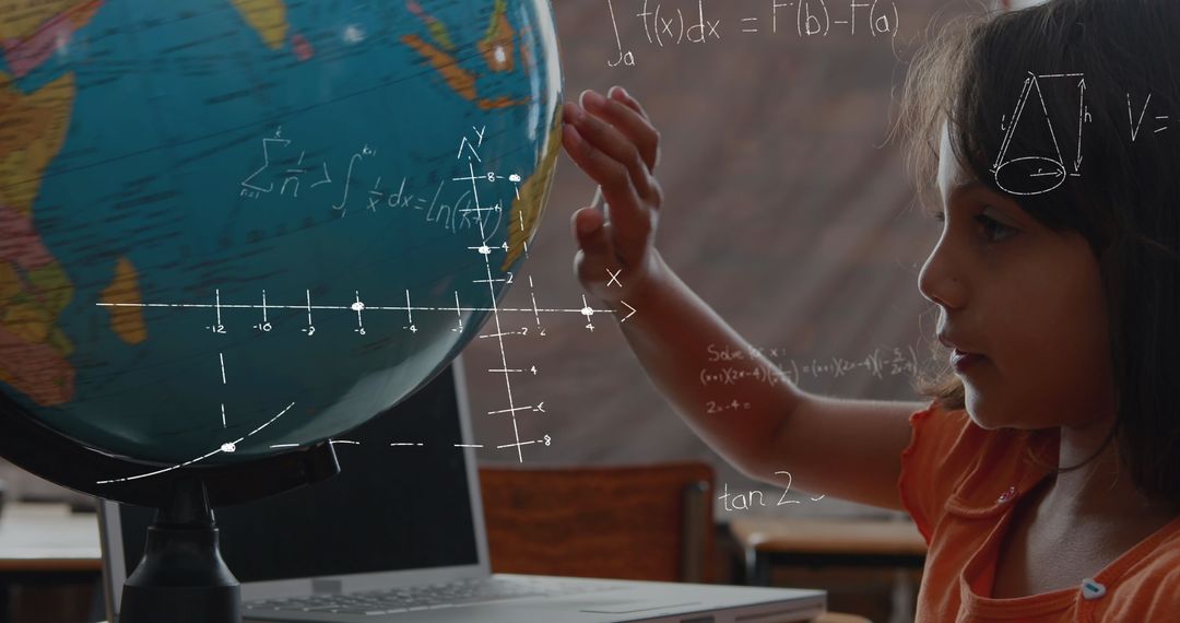 Curious Girl Exploring Globe with Mathematical Concepts Overlay