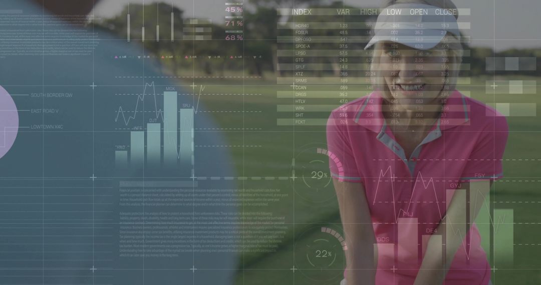 Female Golfer Examining Club with Data Overlay on Fairway