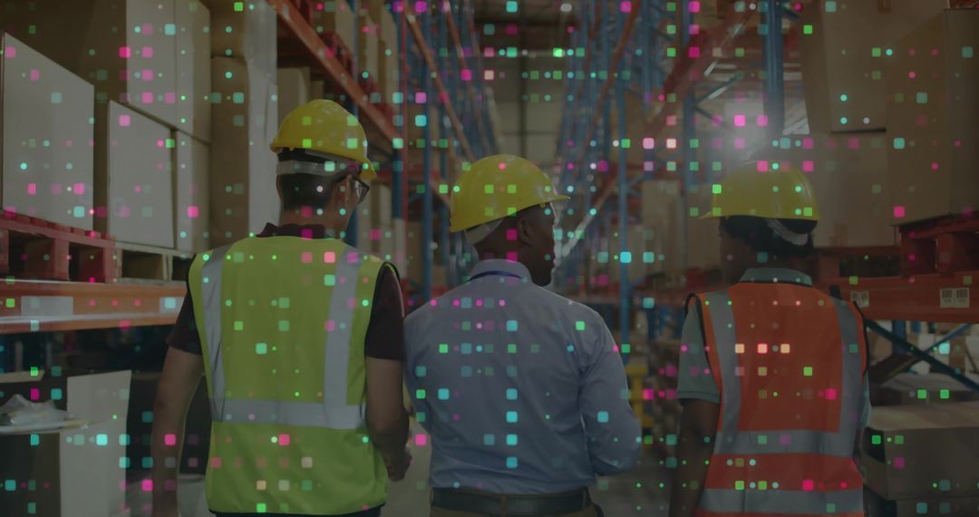 Warehouse Workers with Digital Overlay Discussing Operations