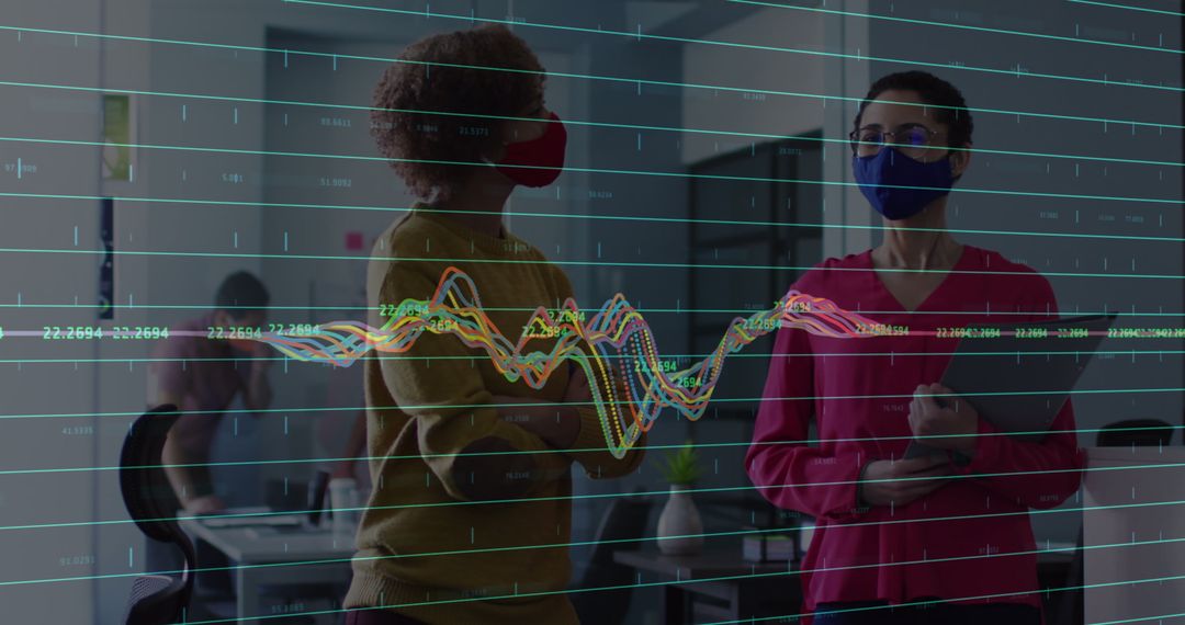 Diverse Team Engaging Discussion Amidst Digital Data Overlay