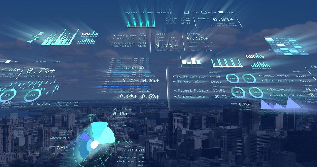 Financial Data Processing with Futuristic Digital Interface Over Cityscape