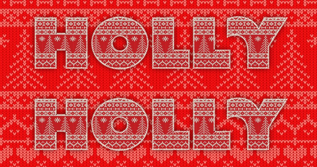 Festive Holly Text with Nordic Knit Design on Red Background