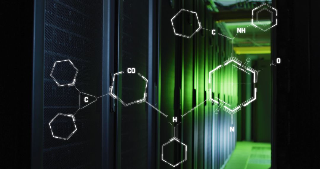 Chemical Structures Overlay on Dark Server Room Visualization