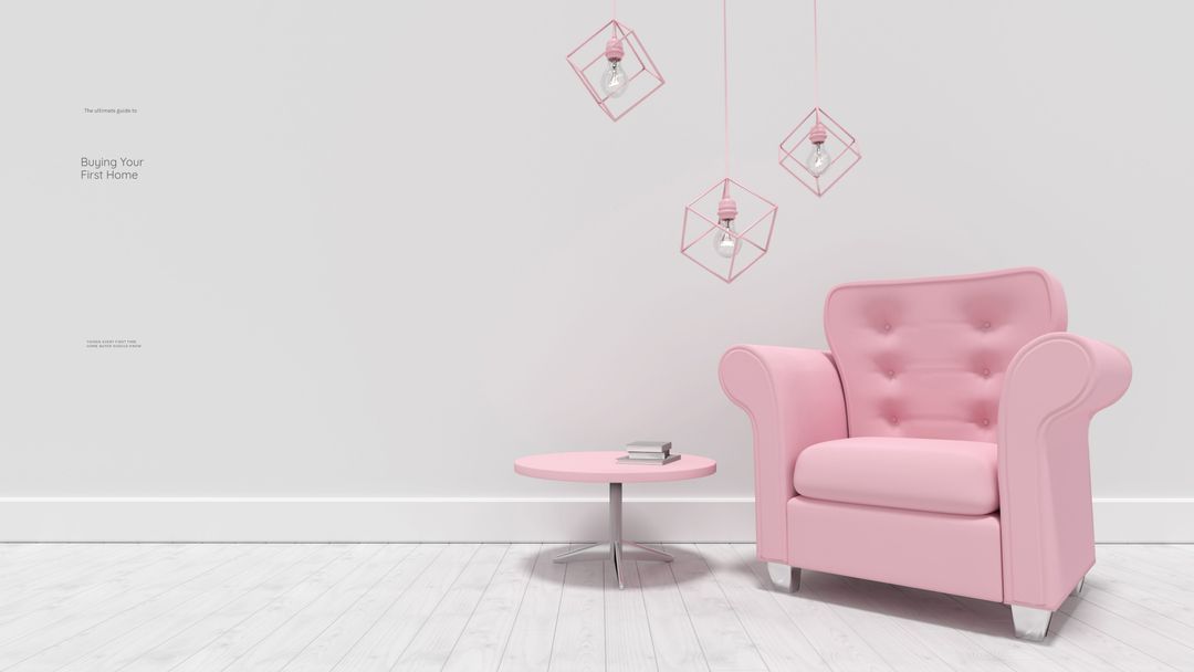 Modern Pink Armchair and Table with Geometric Hanging Lamps