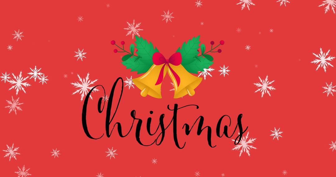 Merry Christmas Text with Golden Bells and Snowflakes