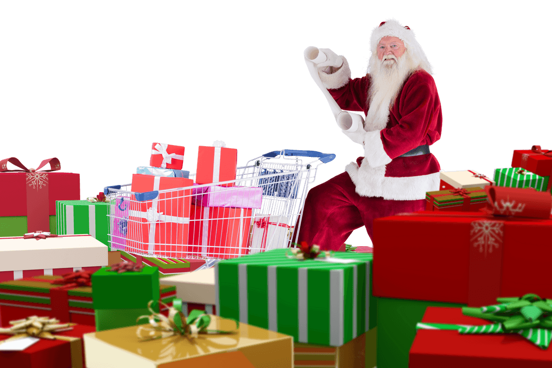 Santa Claus with Shopping Cart on Transparent Background